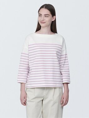 MUJI Striped Boatneck Top in White and Light Pink